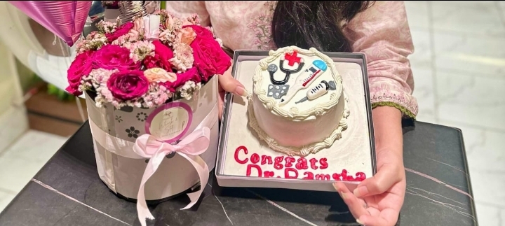 Many congratulations cake for becoming a doctor with 'Congrats Mr. Dames' achievement message - Professional Achievement Cakes Karachi By Whisk And Sift